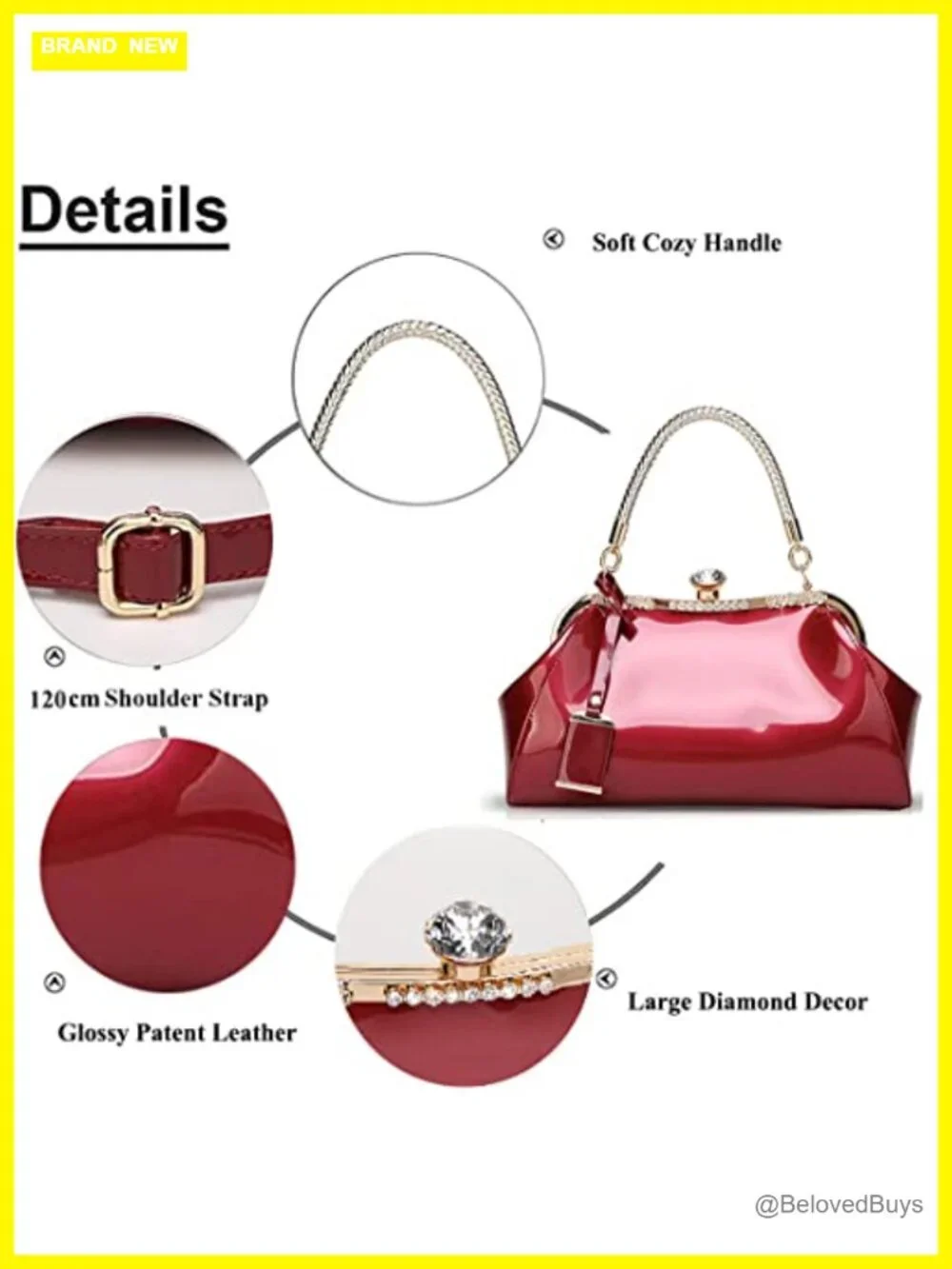 Women's Glossy Faux Patent Leather Top Handle Satchel Handbag with Crystal,